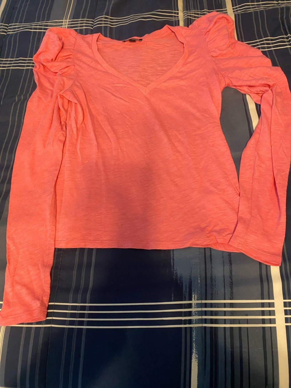 Express Pink V-Neck Long Sleeve Top with Puff Shoulders